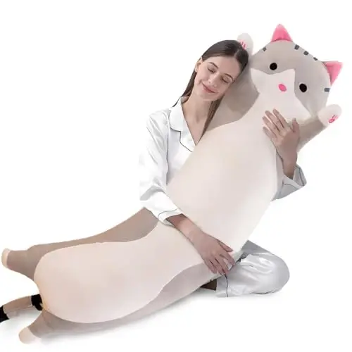 shangman Lovely Plush Cat Doll Cute Cartoon Soft Stuffed Kitten Pillow Long Throw Sleeping Pillow Doll Toy Gift for Kids Girlfriend Multiple Size (Grey,150cm/59in) - 1