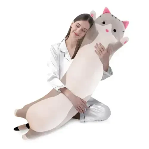 shangman Lovely Plush Cat Doll Cute Cartoon Soft Stuffed Kitten Pillow Long Throw Sleeping Pillow Doll Toy Gift for Kids Girlfriend Multiple Size (Grey,130cm/51.1in) - SHANGMAN