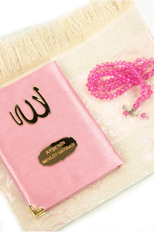 Shantung Fabric Covered Yaseen Book - Pocket Size - Personalized Name Plate - Prayer Rug Included - Rosary Included - Pouch Included - Pastel Pink - 2