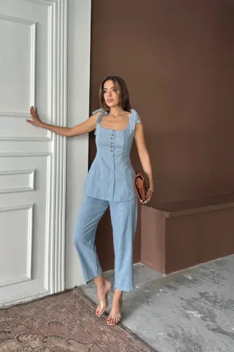 SHANTUNG LINEN VEST LOOK TANK TOP - PANTS SET - Blue - 1