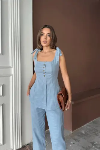 SHANTUNG LINEN VEST LOOK TANK TOP - PANTS SET - Blue - BÜYÜKBEDENIZ (1)