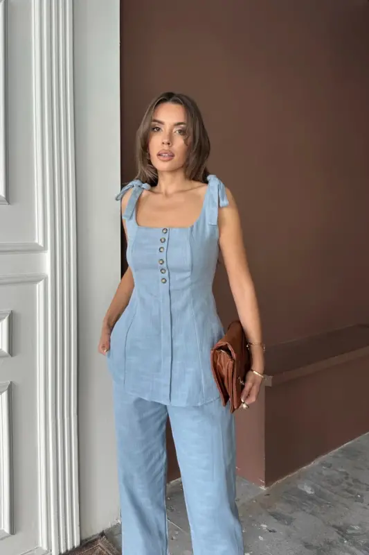 SHANTUNG LINEN VEST LOOK TANK TOP - PANTS SET - Blue - 2