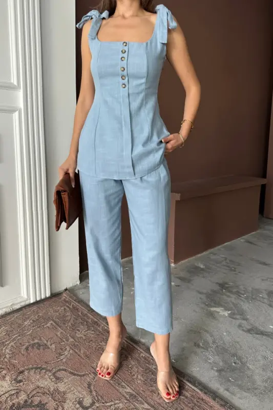 SHANTUNG LINEN VEST LOOK TANK TOP - PANTS SET - Blue - 3