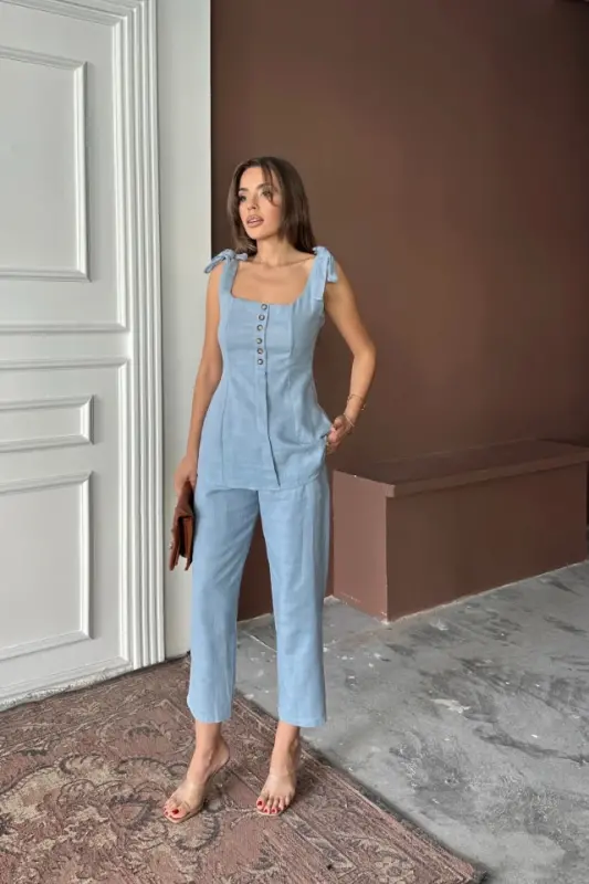 SHANTUNG LINEN VEST LOOK TANK TOP - PANTS SET - Blue - 4