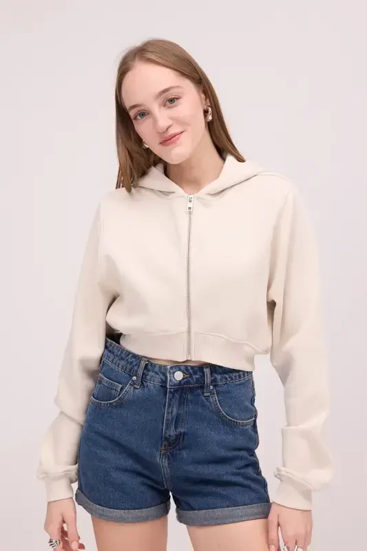 Shardonli Kapüşonli Crop Sweatshirt H1526-İ9-BEJ - 3