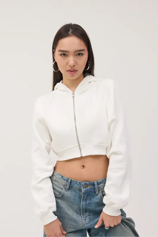 Shardonli Kapüşonli Crop Sweatshirt H1526-İ9-Ekru - 3