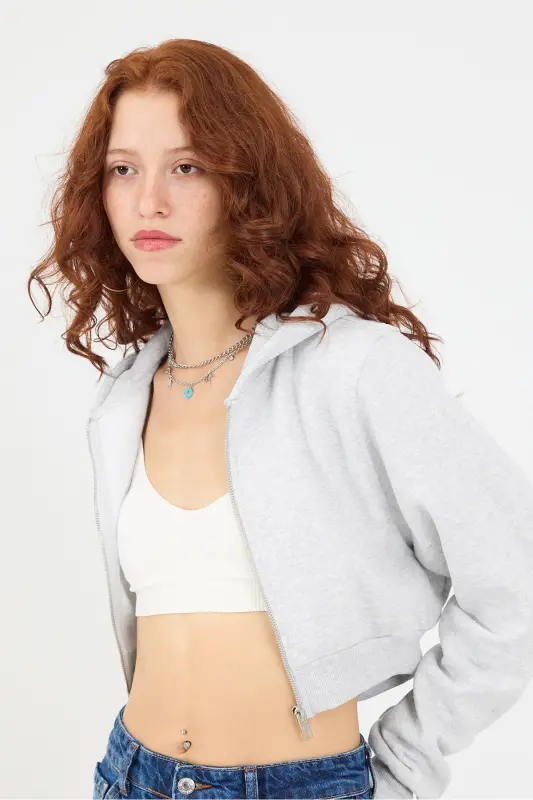 Shardonli Kapüşonli Crop Sweatshirt H1526-İ9-Qor Melanj - 2