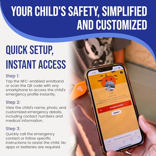 Sharewear Adjustable Child Safety ID Smart Band: Su o'tkazmaydigan bilaguzuk va bepul raqamli profil bilan. Cheksiz sozlash, obuna talab qilinmaydi. Sayohat, tibbiy ogohlantirishlar va oziq-ovqat allergiyasi. (ko'k) - 2