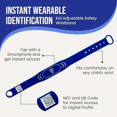 Sharewear Adjustable Child Safety ID Smart Band: Su o'tkazmaydigan bilaguzuk va bepul raqamli profil bilan. Cheksiz sozlash, obuna talab qilinmaydi. Sayohat, tibbiy ogohlantirishlar va oziq-ovqat allergiyasi. (ko'k) - Sharewear (1)