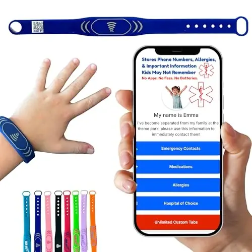Sharewear Adjustable Child Safety ID Smart Band: Su o'tkazmaydigan bilaguzuk va bepul raqamli profil bilan. Cheksiz sozlash, obuna talab qilinmaydi. Sayohat, tibbiy ogohlantirishlar va oziq-ovqat allergiyasi. (ko'k) - 1