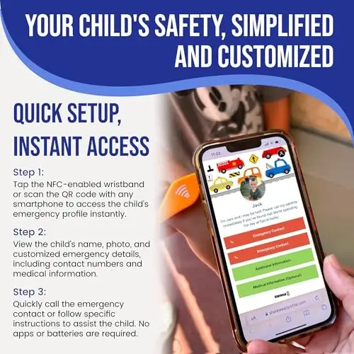 Sharewear Adjustable Child Safety ID Smart Band: Su o'tkazmaydigan bilaguzuk va bepul raqamli profil bilan. Cheksiz sozlash, obuna talab qilinmaydi. Sayohat, tibbiy ogohlantirishlar va oziq-ovqat allergiyasi. (ko'k) - 3
