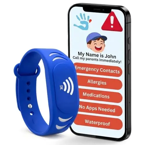 Sharewear Ayarlanabilir Çocuk Güvenlik Kimlik Akıllı Bilekliği: Su Geçirmez Bileklik ve Ücretsiz Dijital Profil. Sınırsız Özelleştirme, Abonelik Gerekmez. Seyahat, Tıbbi Uyarılar ve Gıda Alerjileri. (Navy) - SHAREWEAR