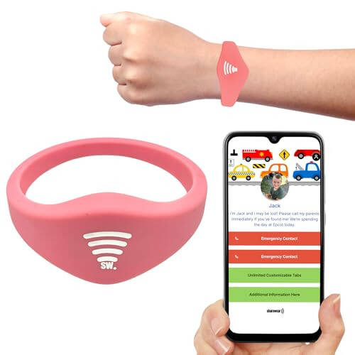 Sharewear Child Safety ID Smart Band: Waterproof wristband with free digital profile. Endless customization, no subscriptions needed. Ideal for travel, medical alerts, & food allergies. (Pink) - 1