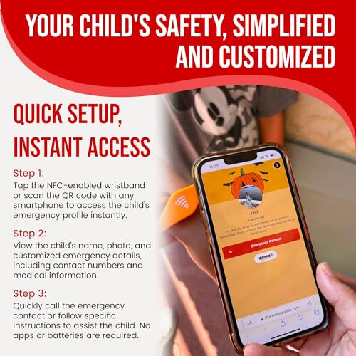 Sharewear Child Safety ID Smart Band: Waterproof Wristband with Free Digital Profile. Endless Customization, no subscriptions Needed. Ideal for Travel, Medical alerts, & Food Allergies. (Red) - 5