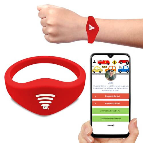 Sharewear Child Safety ID Smart Band: Waterproof Wristband with Free Digital Profile. Endless Customization, no subscriptions Needed. Ideal for Travel, Medical alerts, & Food Allergies. (Red) - 2