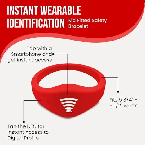 Sharewear Child Safety ID Smart Band: Waterproof Wristband with Free Digital Profile. Endless Customization, no subscriptions Needed. Ideal for Travel, Medical alerts, & Food Allergies. (Red) - 1