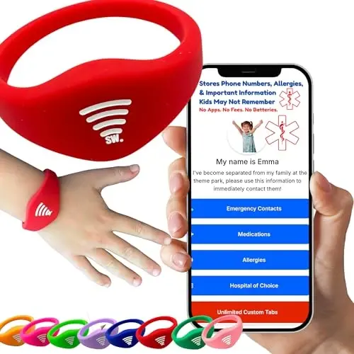 Sharewear Child Safety ID Smart Band: Waterproof Wristband with Free Digital Profile. Endless Customization, no subscriptions Needed. Ideal for Travel, Medical alerts, & Food Allergies. (Red) - 6