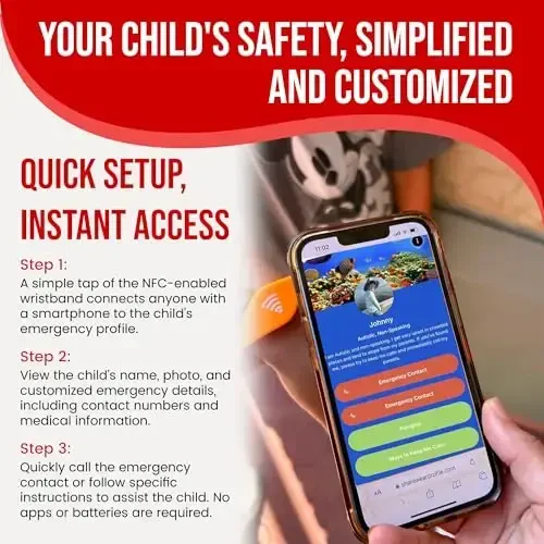 Kids ID Bracelet – Fitted NFC Safety Wristband, Slip-On Child ID Band for Emergency Contact Info, Waterproof Silicone, Not GPS, Wear on Wrist or Ankle, Ideal for Theme Parks, Travel & Beaches - 6