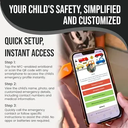 Sharewear Smart Bands for Kids if Lost, Child Safety ID Wristband, NFC Bracelet for Children, Smart Medical ID Band, Lost ID Bracelet, Disney Essentials for Kids, QR Identification, Waterproof (Black) - 6