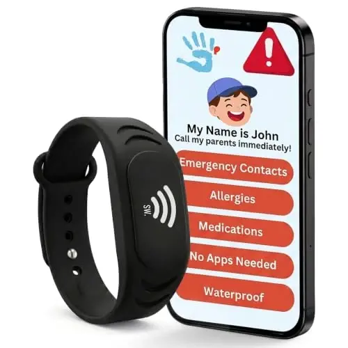 Sharewear Smart Bands for Kids if Lost, Child Safety ID Wristband, NFC Bracelet for Children, Smart Medical ID Band, Lost ID Bracelet, Disney Essentials for Kids, QR Identification, Waterproof (Black) - SHAREWEAR