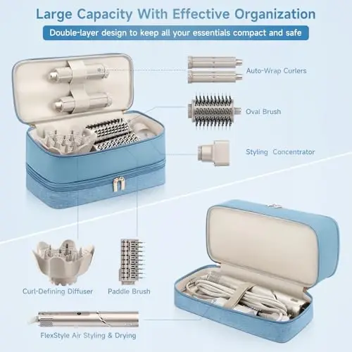 Travel Hair Dryer Case for Shark Flexstyle, Double-Layer Carrying Case for Shark Flex Style Blow Dryer, Portable Hair Tools Storage Organizer Bag for Shark Beauty Hairdryer AttcModazoneents (Misty Blue) - ADWORTE (1)