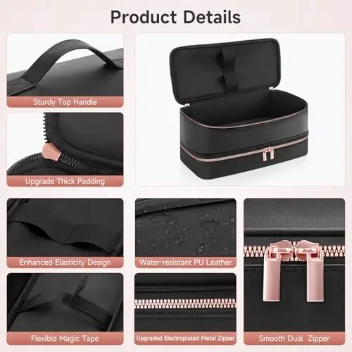 Travel Hair Dryer Case for Shark Flexstyle, Double-Layer Carrying Case for Shark Flex Style Blow Dryer, Portable Hair Tools Storage Organizer Bag for Shark Beauty Hairdryer AttcModazoneents(Black Rose Gold) - 4