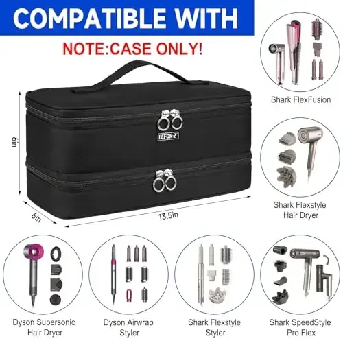 Travel Carrying Case Compatible with Shark Flexstyle/FlexFusion/Hair Dryer,Double-Layer Hair Hot Tools Storage Bag Fits for Dyson Airwrap Styler/Supersonic Hair Dryer and AttacModazoneents,Black-Bag Only - 2