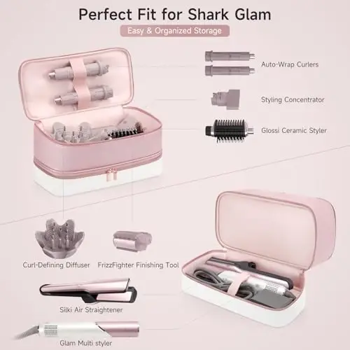 Shark Glam uchun sayohat soch quritgichi sumkasi, Shark FlexFusion uchun ko'chma sochlar uchun asboblar sumkasi, FlexStyle fen uchun ikki qatlamli saqlash sumkasi, Silki to'g'rilagich va Glossi AttacModazoneents ushlagichi (Pushti) - ADWORTE (1)
