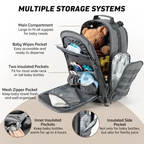 SHARKMOUTH Diaper Bag with Changing Pad - Large Military Baby Diaper Backpack for Hiking Travel Camping - Army Style for Men Active Dad Gray - 2