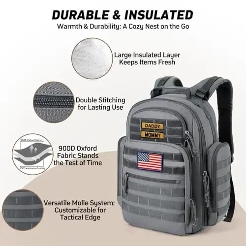 SHARKMOUTH Diaper Bag with Changing Pad - Large Military Baby Diaper Backpack for Hiking Travel Camping - Army Style for Men Active Dad Gray - 4