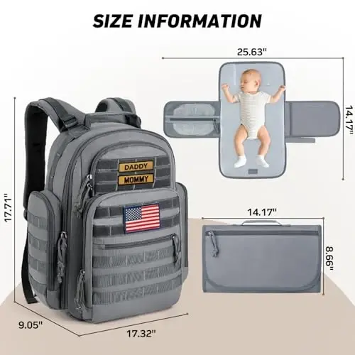 SHARKMOUTH Diaper Bag with Changing Pad - Large Military Baby Diaper Backpack for Hiking Travel Camping - Army Style for Men Active Dad Gray - 5
