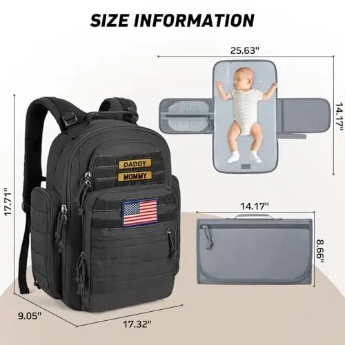 SHARKMOUTH Dad Diaper Bag Military - Large Baby Diaper Backpack with Changing Pad for Travel Camping Trips Park - Newborn Baby Shower Gifts Black - 5