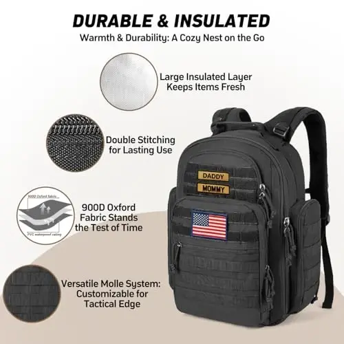 SHARKMOUTH Dad Diaper Bag Military - Large Baby Diaper Backpack with Changing Pad for Travel Camping Trips Park - Newborn Baby Shower Gifts Black - 4