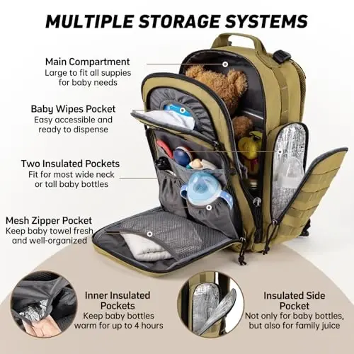 SHARKMOUTH Baby Diaper Bag for Men - Large Military Daddy Gear Backpack with Changing Pad for Travel Camping Hiking - Army Style for Active Dad Tan - 2