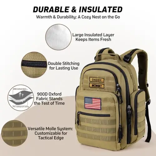 SHARKMOUTH Baby Diaper Bag for Men - Large Military Daddy Gear Backpack with Changing Pad for Travel Camping Hiking - Army Style for Active Dad Tan - 4