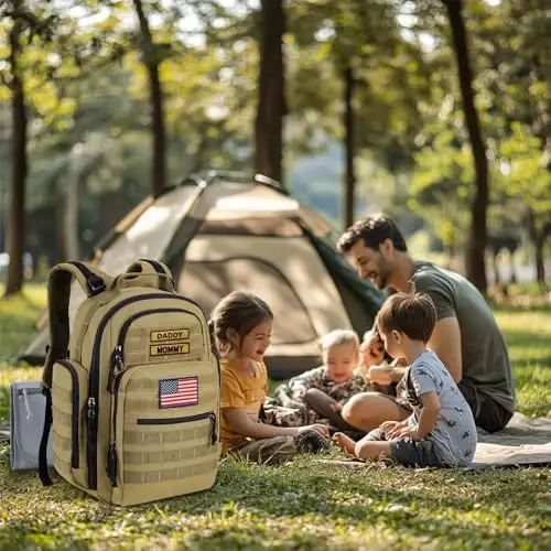 SHARKMOUTH Baby Diaper Bag for Men - Large Military Daddy Gear Backpack with Changing Pad for Travel Camping Hiking - Army Style for Active Dad Tan - 6