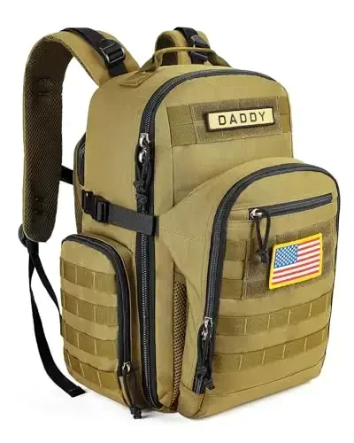 SHARKMOUTH Dad Diaper Bag Backpack - Military Baby Gear Backpacks with Daddy Patches Tan - Modazone