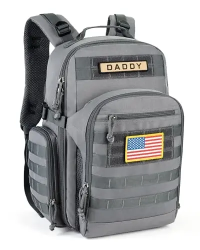 SHARKMOUTH Dad Diaper Bag Backpack - Military Baby Gear Backpacks with Daddy Patches Gray 