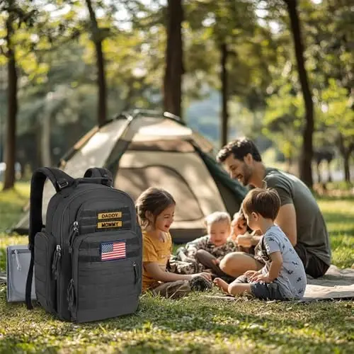 SHARKMOUTH Dad Diaper Bag Military - Large Baby Diaper Backpack with Changing Pad for Travel Camping Trips Park - Newborn Baby Shower Gifts Black - 6