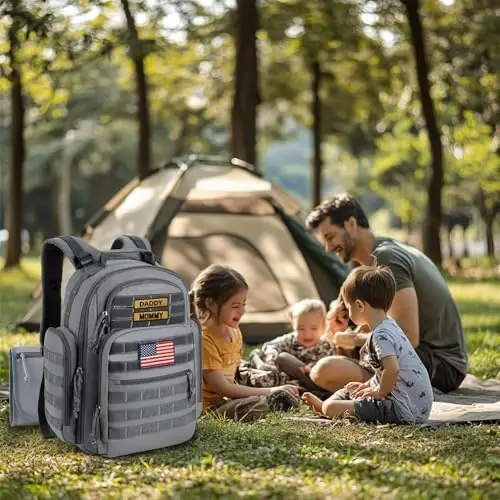 SHARKMOUTH Diaper Bag with Changing Pad - Large Military Baby Diaper Backpack for Hiking Travel Camping - Army Style for Men Active Dad Gray - 6