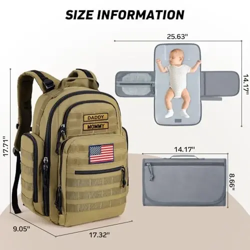 SHARKMOUTH Baby Diaper Bag for Men - Large Military Daddy Gear Backpack with Changing Pad for Travel Camping Hiking - Army Style for Active Dad Tan - 5