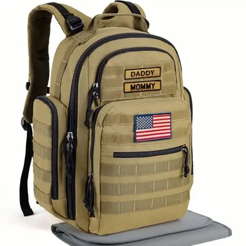 SHARKMOUTH Baby Diaper Bag for Men - Large Military Daddy Gear Backpack with Changing Pad for Travel Camping Hiking - Army Style for Active Dad Tan - 7