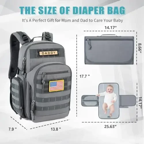 SHARKMOUTH Military Diaper Bag for Dad: Large Insulated Baby Bag with MOLLE System & Changing Pad for Tactical Dads - 900D Polyester for Outdoor Travel Camping Park Trips - 5
