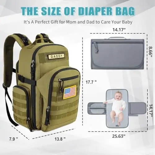 SHARKMOUTH Military Diaper Bag for Dad: Tactical Baby Backpack with Insulated Changing Pad for Outdoor Dads - MOLLE Webbing & 900D Polyester for Camping Hiking Travel - 5