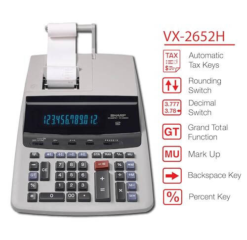 Sharp 12-Digit Print Calculator Desktop Size Adding Machine, Perfect for Everyday Use and Office, Bright, Large Easy-to-Read Numbers on Both the Display and the Two-ColorPrinted Tape (VX-2652H) - 3