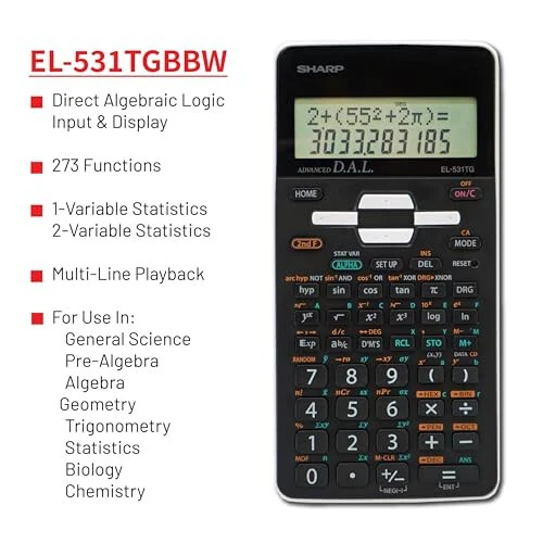 Sharp EL-531TGBBW 12-разрядный научно-инженерный калькулятор с защитным жестким чехлом, гибридным дисплеем LCD с питанием от батареи и солнечной энергии, отлично подходит для студентов и профессионалов, черный, черно-белый - 6