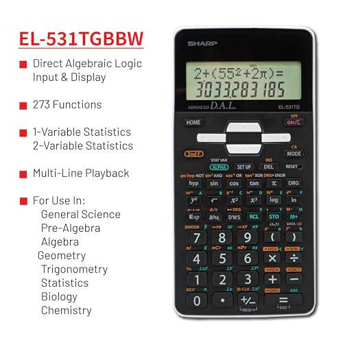 Sharp EL-531TGBBW Himoyalanuvchi qattiq qoplamali, batareya va quyosh quvvatidan foydalanadigan LCD displeyli, talabalar va mutaxassislar uchun a'lo 12 xonali ilmiy/muhandislik kalkulyatori, qora, qora va oq - 6