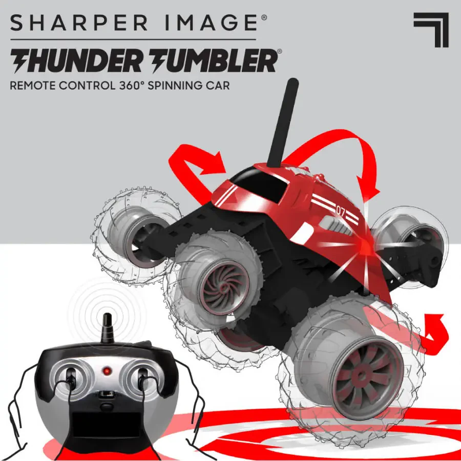 Sharper Image® Thunder Tumbler Пульт бошқарувли машинкаси, LED ёритиш ва 360° айланиш билан, 6 ёшдан катталар учун, Қизил ранг - 4