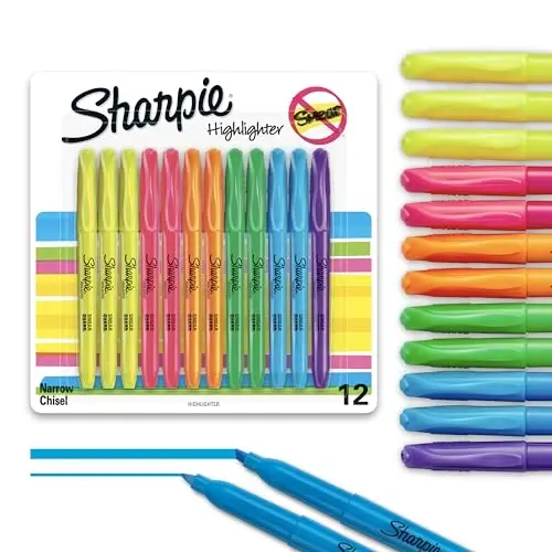 Sharpie Pocket Highlighters, Chisel Tip, Quick Dry, Assorted Fluorescent Colors, 12 Count - For Studying, Note-Taking, School, College, Office, Student & Teacher Supplies - 1