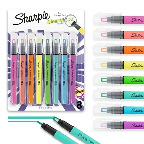 Sharpie Clear View Highlighter Sticks, Chisel Tip, Assorted Fluorescent, 8 Count - School, Home, and Office Use, Teacher Supplies - 1